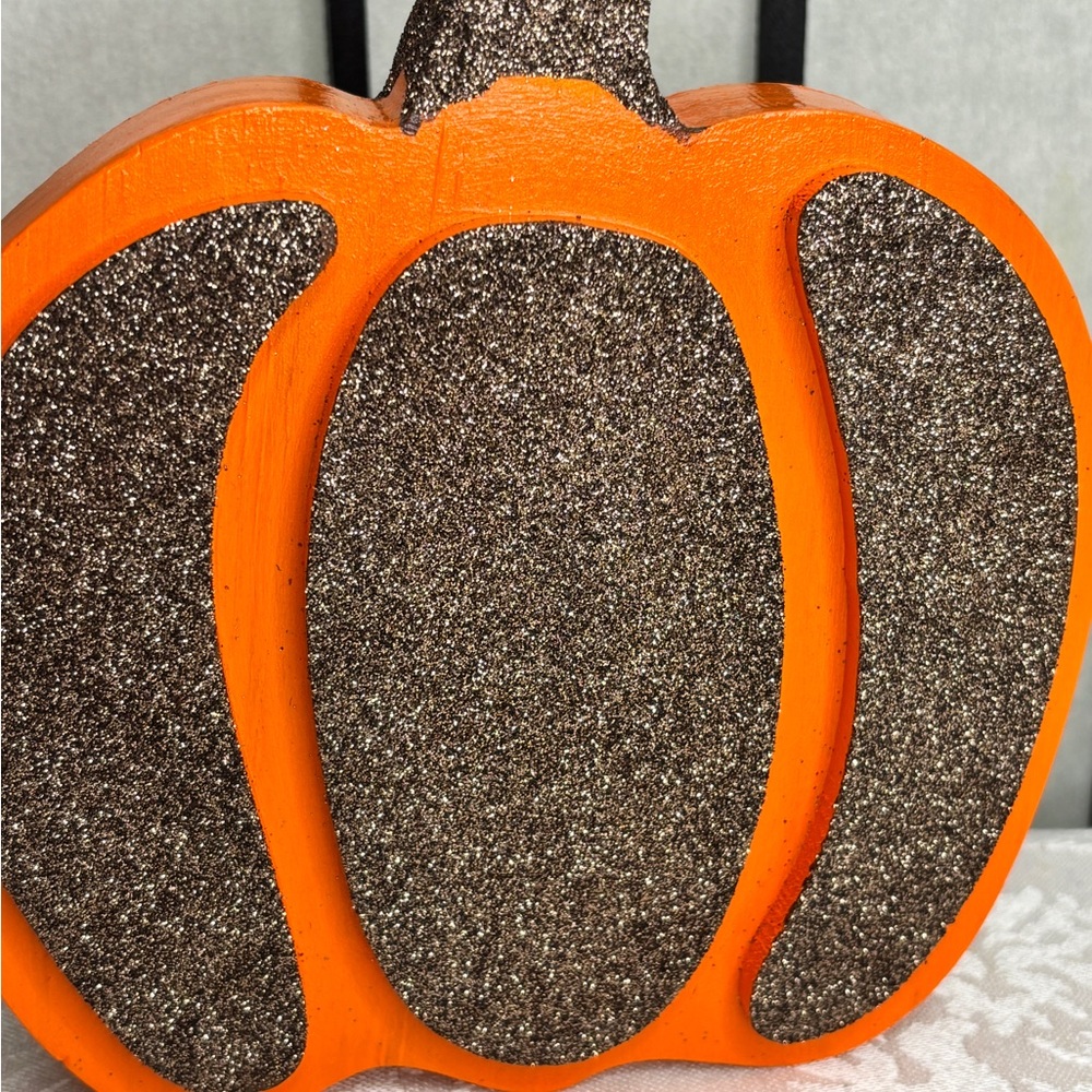 Orange Pumpkin with Brown Glitter Accent Decor Wood HandPainted - Picture 2 of 5